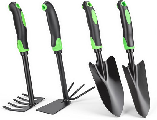 4-Piece Garden Tool Set, Heavy Duty Gardening Hand Tools with Soft Rubber Handle,Green,Premium Stailess Steel,Include Hand Shovel,Transplant Trowel,Hand Rakes, 2-in-1 Hoe and Cultivator