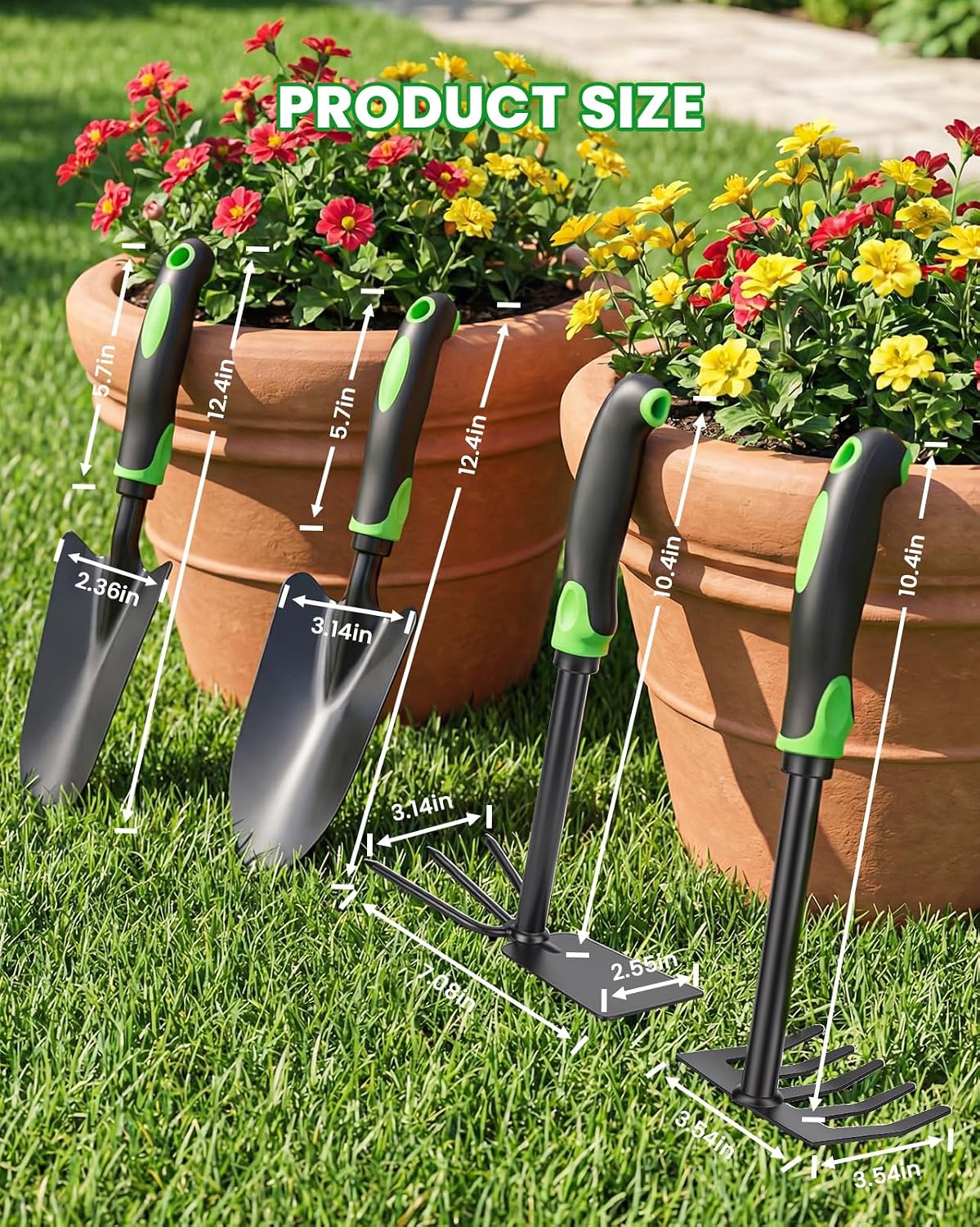 4-Piece Garden Tool Set, Heavy Duty Gardening Hand Tools with Soft Rubber Handle,Green,Premium Stailess Steel,Include Hand Shovel,Transplant Trowel,Hand Rakes, 2-in-1 Hoe and Cultivator