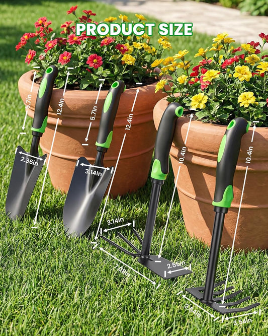 4-Piece Garden Tool Set, Heavy Duty Gardening Hand Tools with Soft Rubber Handle,Green,Premium Stailess Steel,Include Hand Shovel,Transplant Trowel,Hand Rakes, 2-in-1 Hoe and Cultivator