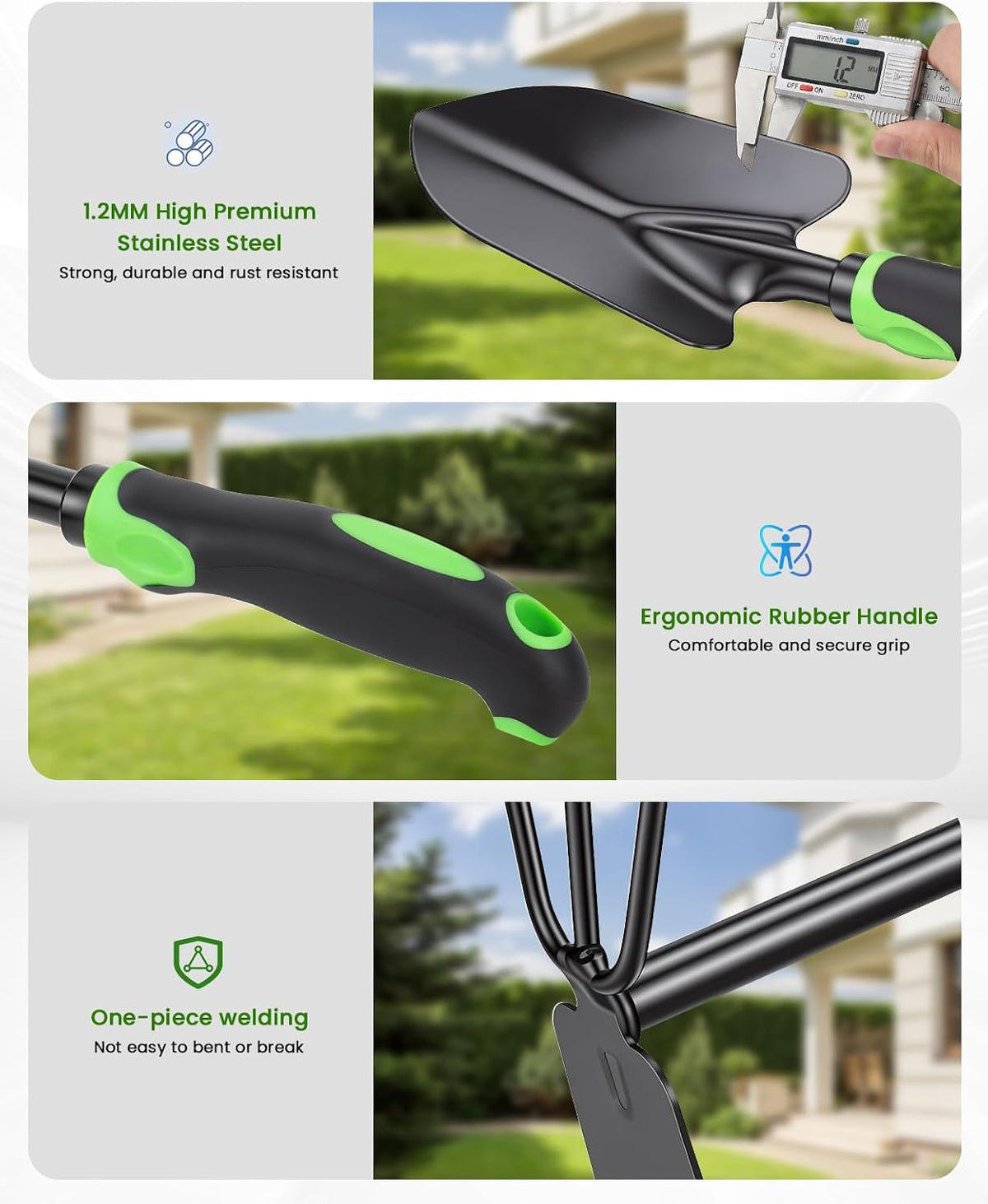 4-Piece Garden Tool Set, Heavy Duty Gardening Hand Tools with Soft Rubber Handle,Green,Premium Stailess Steel,Include Hand Shovel,Transplant Trowel,Hand Rakes, 2-in-1 Hoe and Cultivator