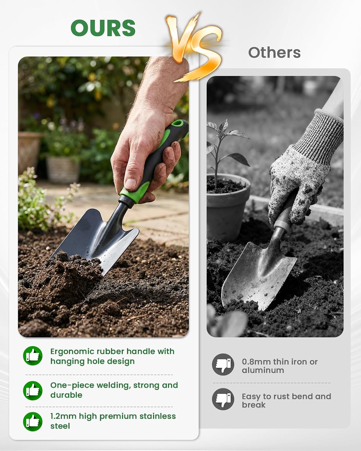 4-Piece Garden Tool Set, Heavy Duty Gardening Hand Tools with Soft Rubber Handle,Green,Premium Stailess Steel,Include Hand Shovel,Transplant Trowel,Hand Rakes, 2-in-1 Hoe and Cultivator
