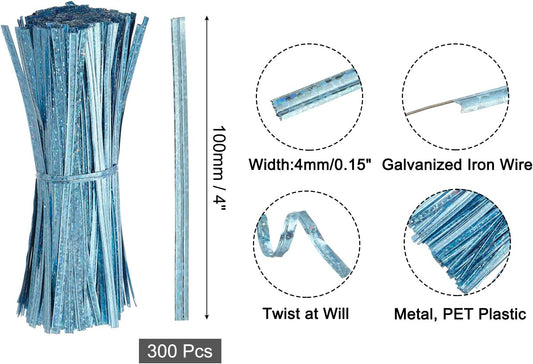 4" Twist Ties, Metallic Twist Ties, Reusable Plastic Coated Twist Ties for Bakery, Candy Bags, Coffee Bags, Goodie Bags, Pack of 300, Shiny Blue