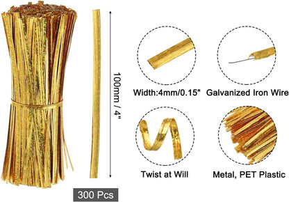 4" Twist Ties, Metallic Twist Ties, Reusable Plastic Coated Twist Ties for Bakery, Candy Bags, Coffee Bags, Goodie Bags, Pack of 300, Shiny Blue