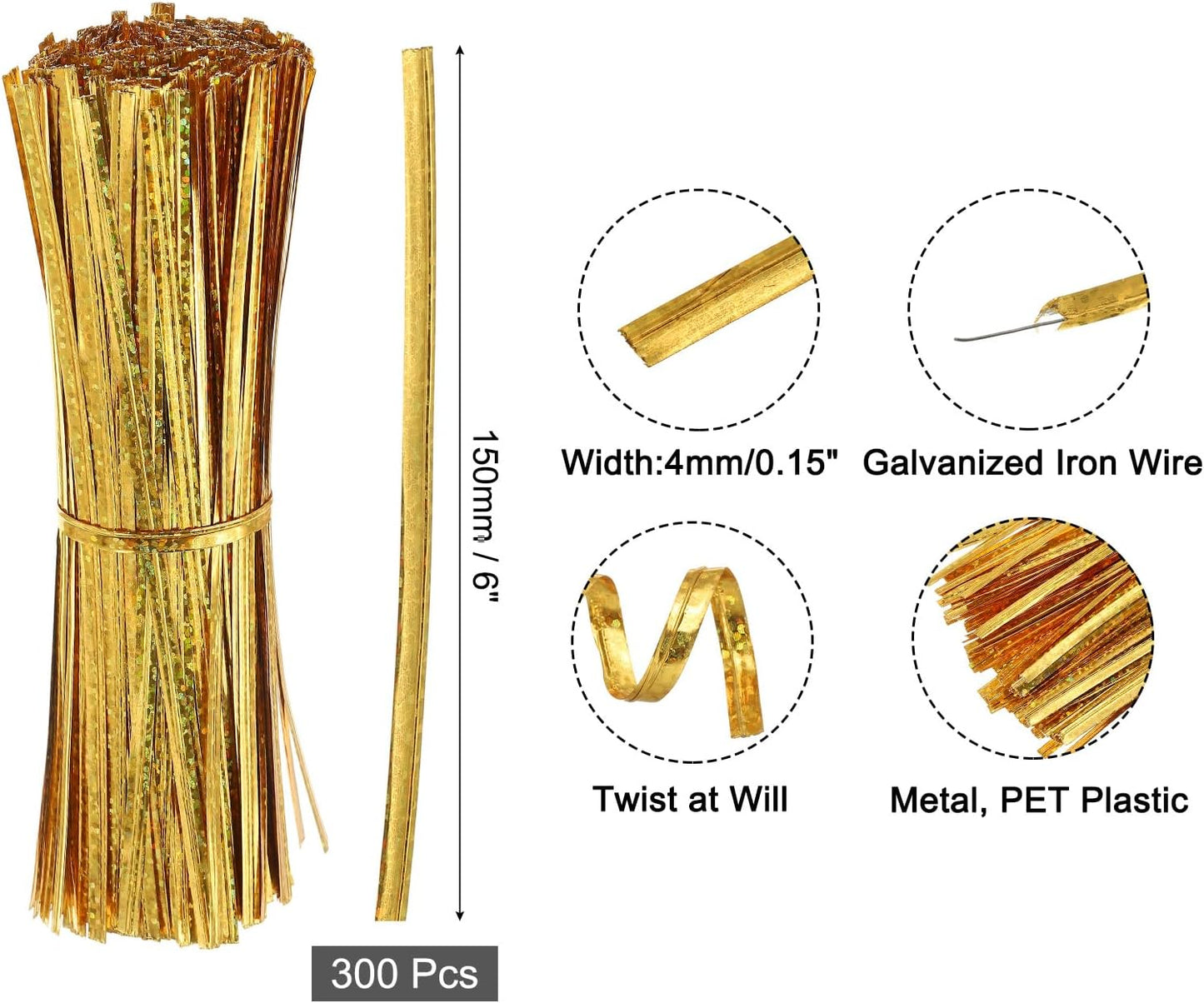 4" Twist Ties, Metallic Twist Ties, Reusable Plastic Coated Twist Ties for Bakery, Candy Bags, Coffee Bags, Goodie Bags, Pack of 300, Shiny Blue