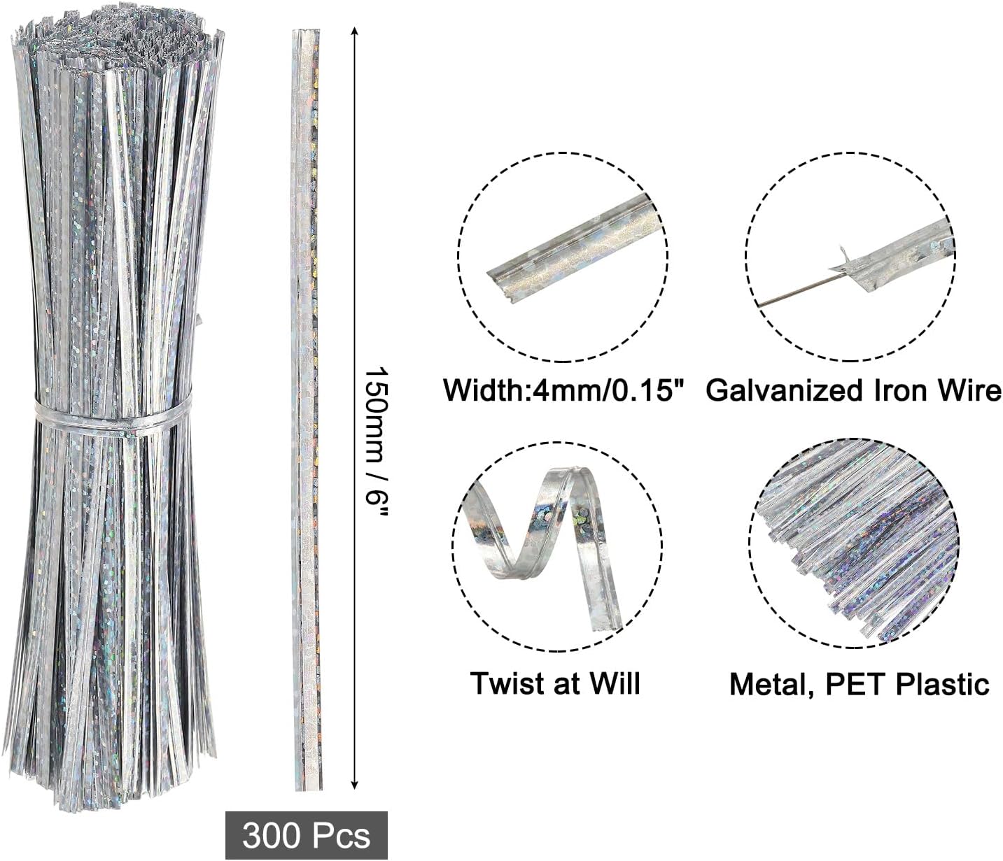 4" Twist Ties, Metallic Twist Ties, Reusable Plastic Coated Twist Ties for Bakery, Candy Bags, Coffee Bags, Goodie Bags, Pack of 300, Shiny Blue