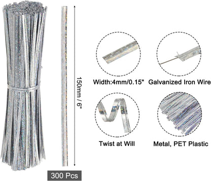 4" Twist Ties, Metallic Twist Ties, Reusable Plastic Coated Twist Ties for Bakery, Candy Bags, Coffee Bags, Goodie Bags, Pack of 300, Shiny Blue