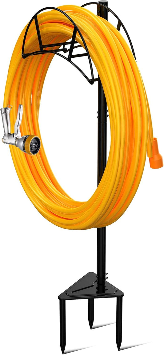 Suchek Metal Garden Hose Holder Stake, Freestanding, Heavy Duty Water Hose Stand, In Ground Hose Rack Organizer for Outside Yard (Black)