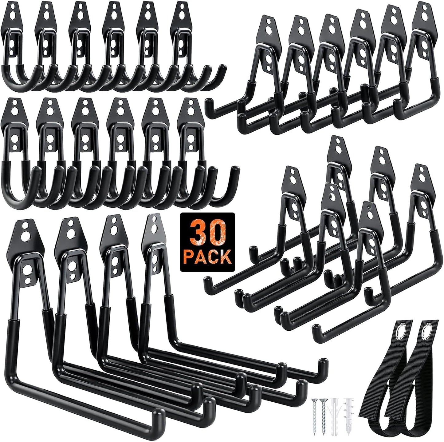 Steel Garage Hooks - 30Pack Anti-Slip Coating, Black