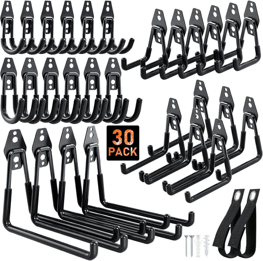 Steel Garage Hooks - 30Pack Anti-Slip Coating, Black