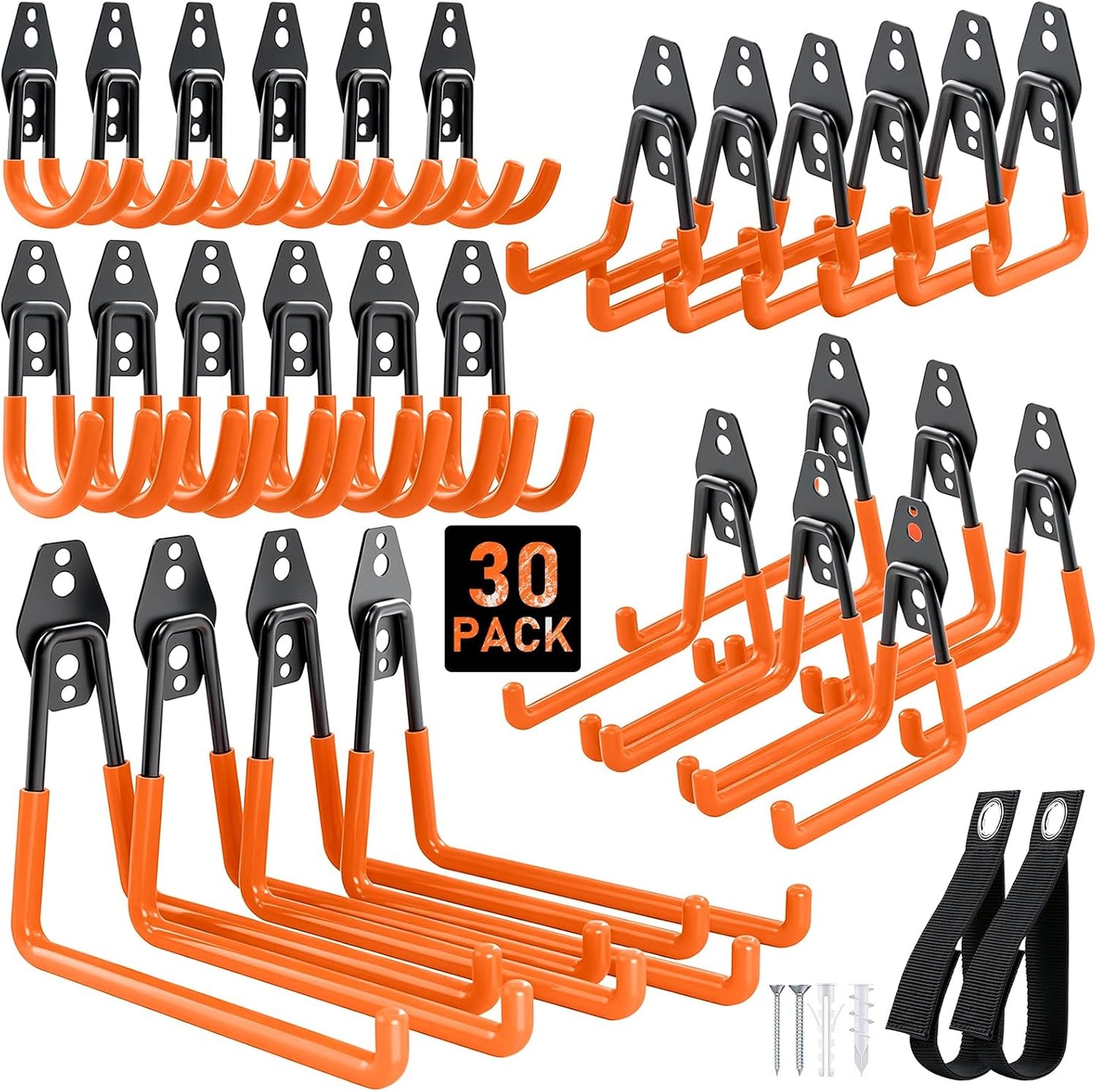 Steel Garage Hooks - 30Pack Anti-Slip Coating, Black