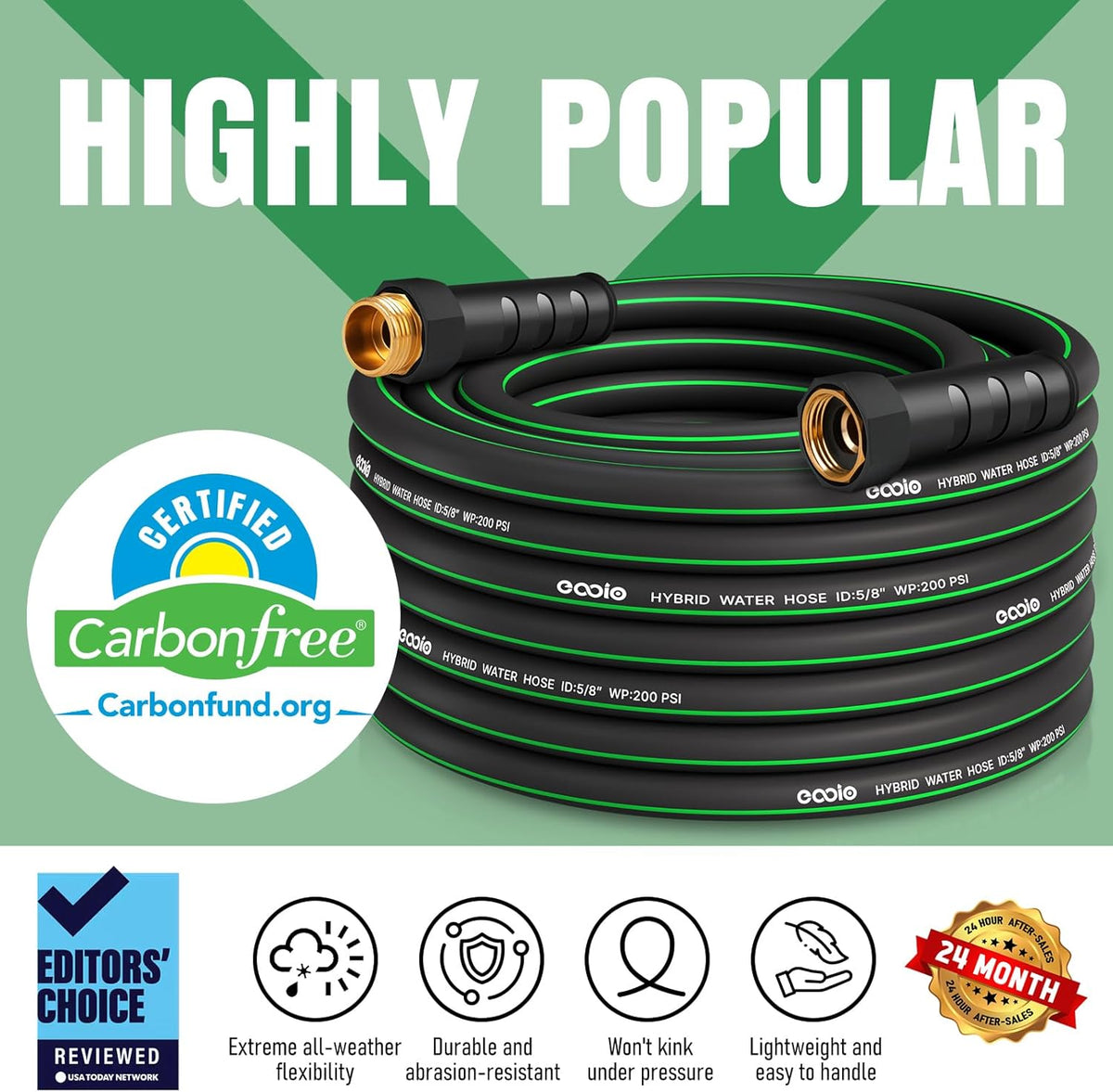 Heavy Duty Garden Hose 25ft, NON-EXPANDABLE Flexible Water Hose, Kink Resistant Lightweight Hybrid Hose, Leakproof Hose Male to Female Fittings