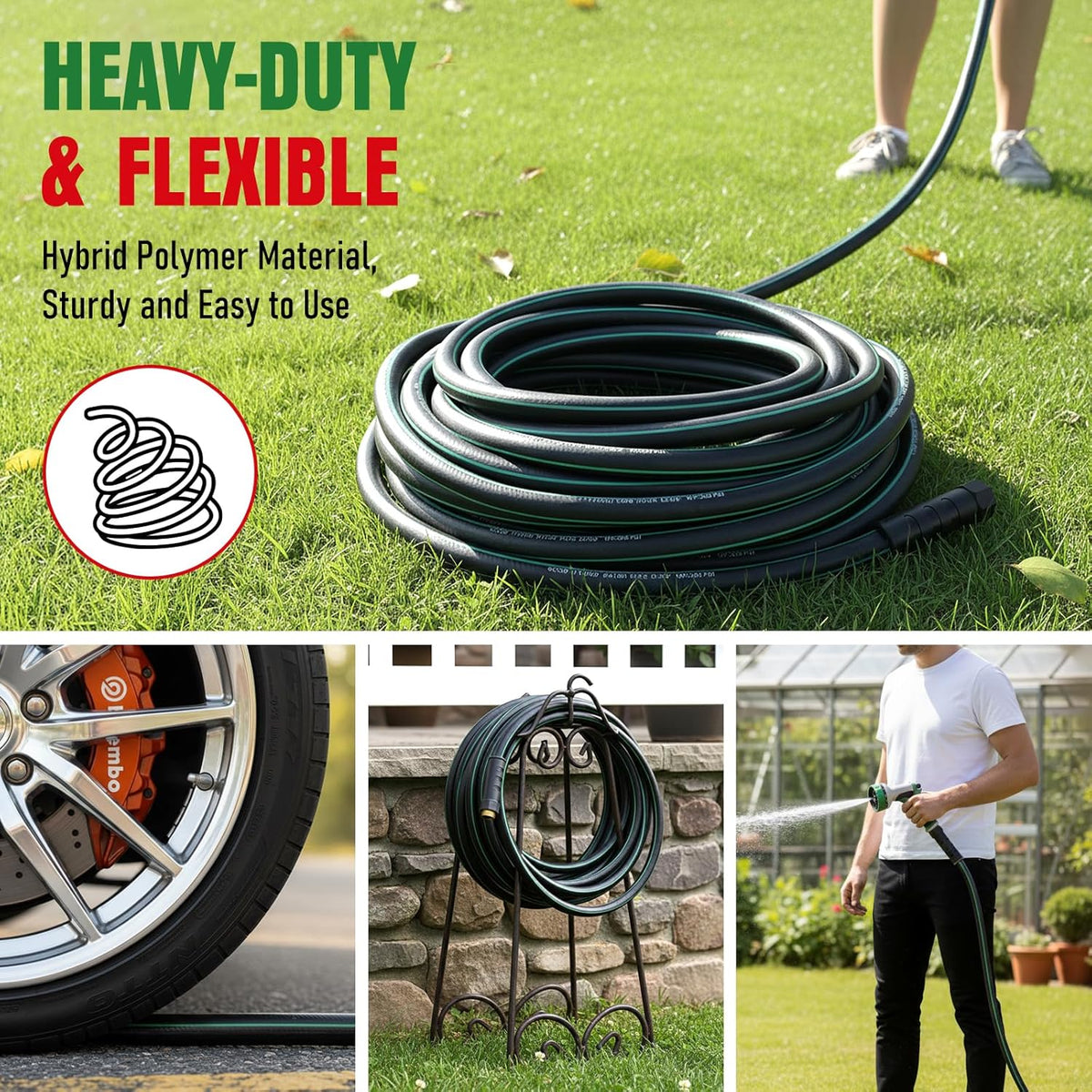 Heavy Duty Garden Hose 25ft, NON-EXPANDABLE Flexible Water Hose, Kink Resistant Lightweight Hybrid Hose, Leakproof Hose Male to Female Fittings
