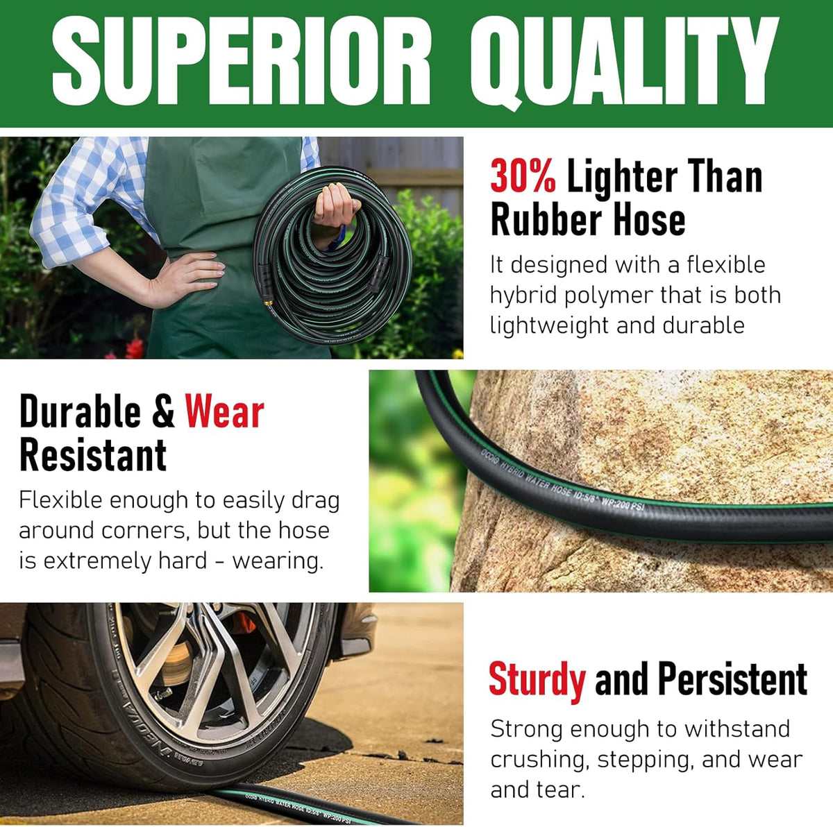 Heavy Duty Garden Hose 25ft, NON-EXPANDABLE Flexible Water Hose, Kink Resistant Lightweight Hybrid Hose, Leakproof Hose Male to Female Fittings