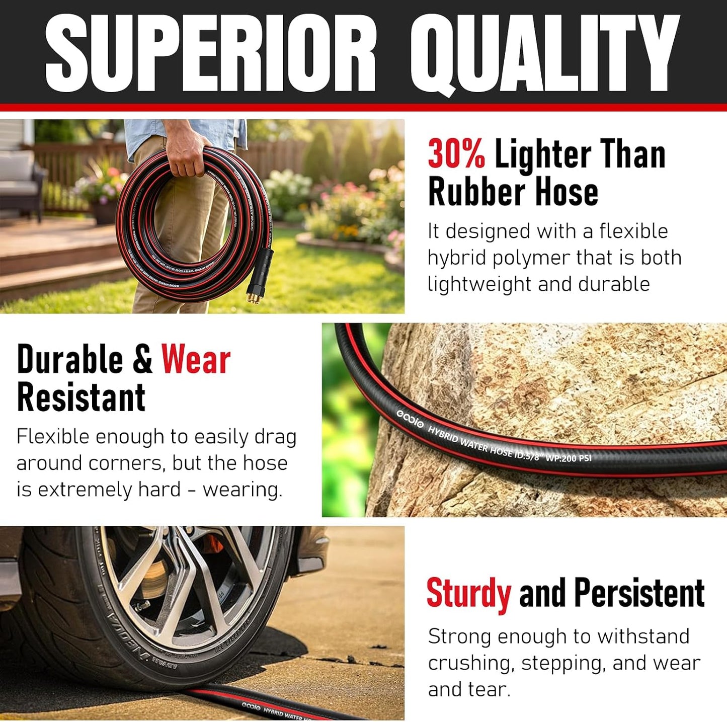 Heavy Duty Garden Hose 25ft, NON-EXPANDABLE Flexible Water Hose, Kink Resistant Lightweight Hybrid Hose, Leakproof Hose Male to Female Fittings