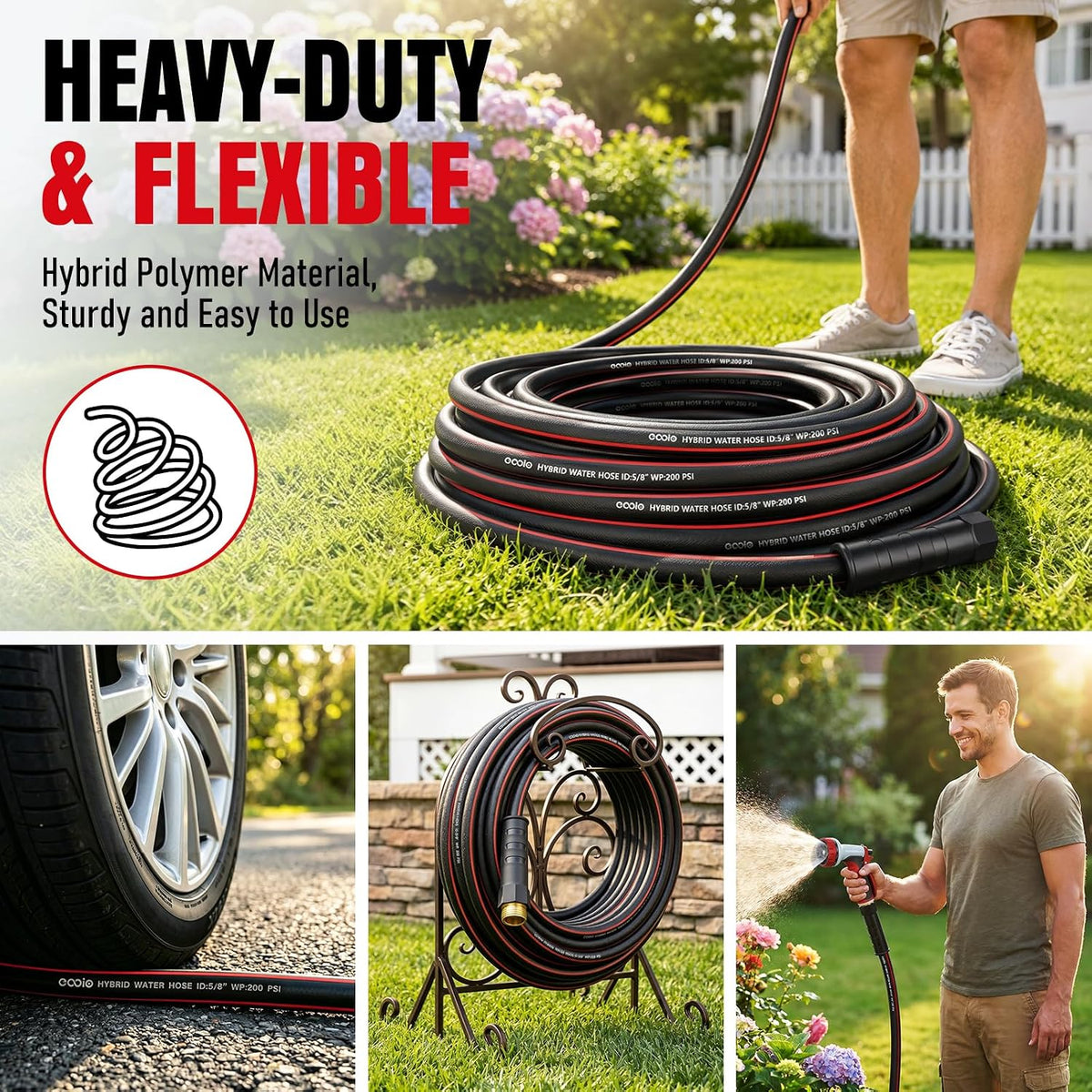 Heavy Duty Garden Hose 25ft, NON-EXPANDABLE Flexible Water Hose, Kink Resistant Lightweight Hybrid Hose, Leakproof Hose Male to Female Fittings
