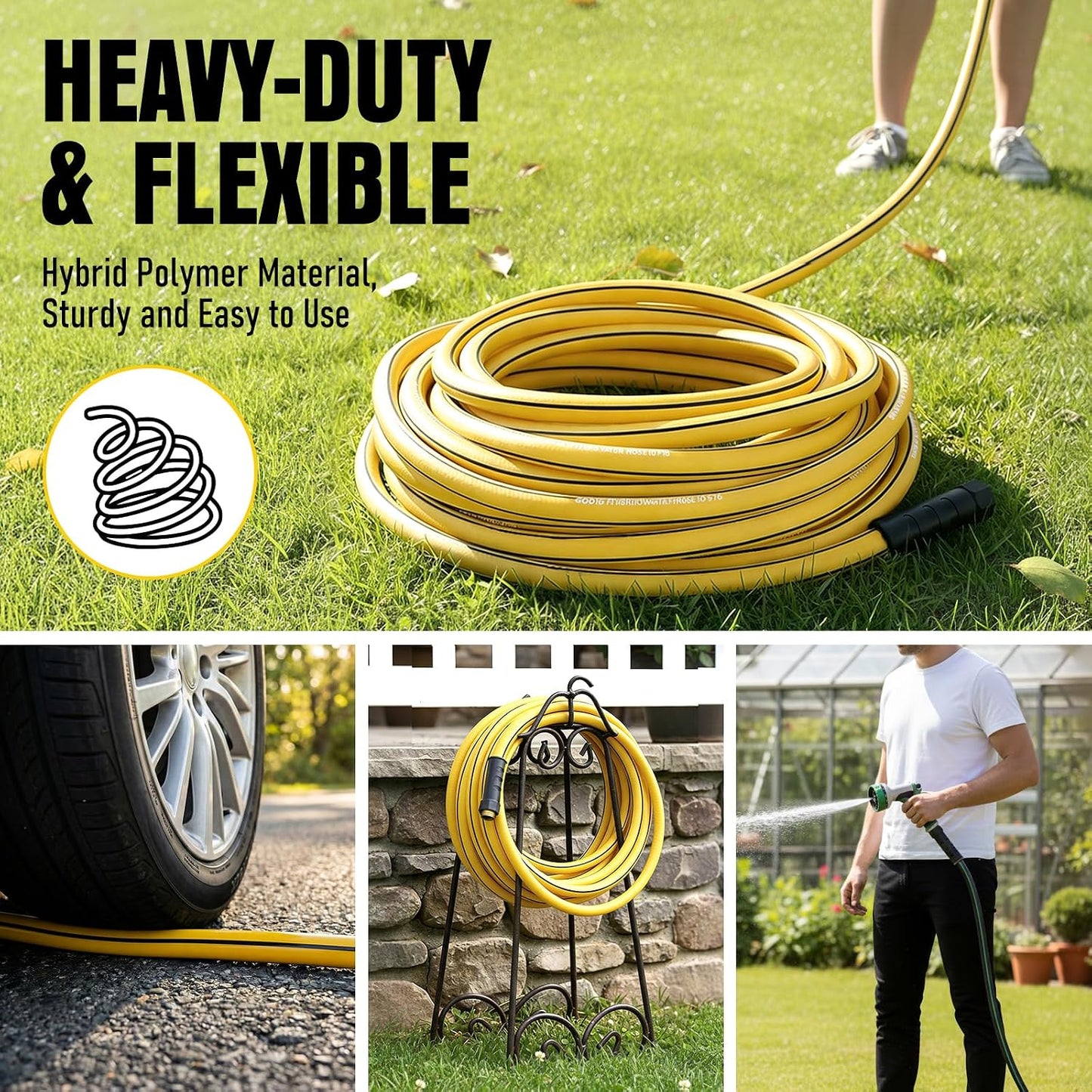Heavy Duty Garden Hose 25ft, NON-EXPANDABLE Flexible Water Hose, Kink Resistant Lightweight Hybrid Hose, Leakproof Hose Male to Female Fittings