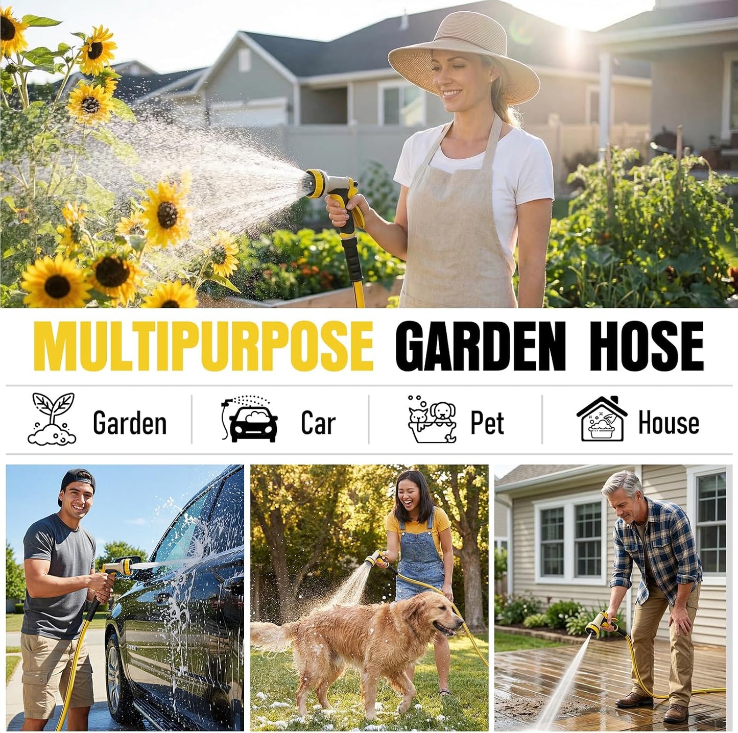 Heavy Duty Garden Hose 25ft, NON-EXPANDABLE Flexible Water Hose, Kink Resistant Lightweight Hybrid Hose, Leakproof Hose Male to Female Fittings