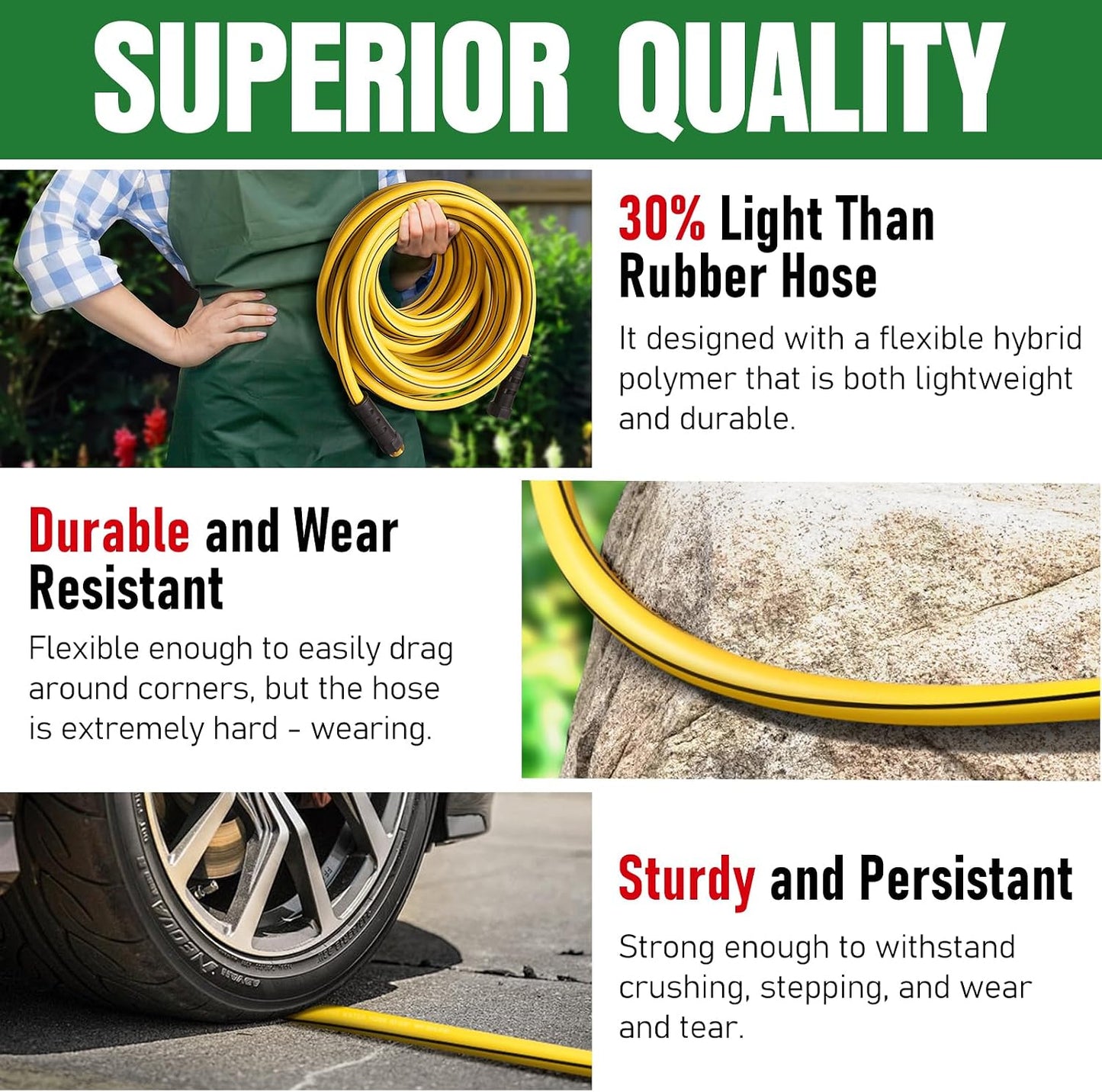 Heavy Duty Garden Hose 25ft, NON-EXPANDABLE Flexible Water Hose, Kink Resistant Lightweight Hybrid Hose, Leakproof Hose Male to Female Fittings