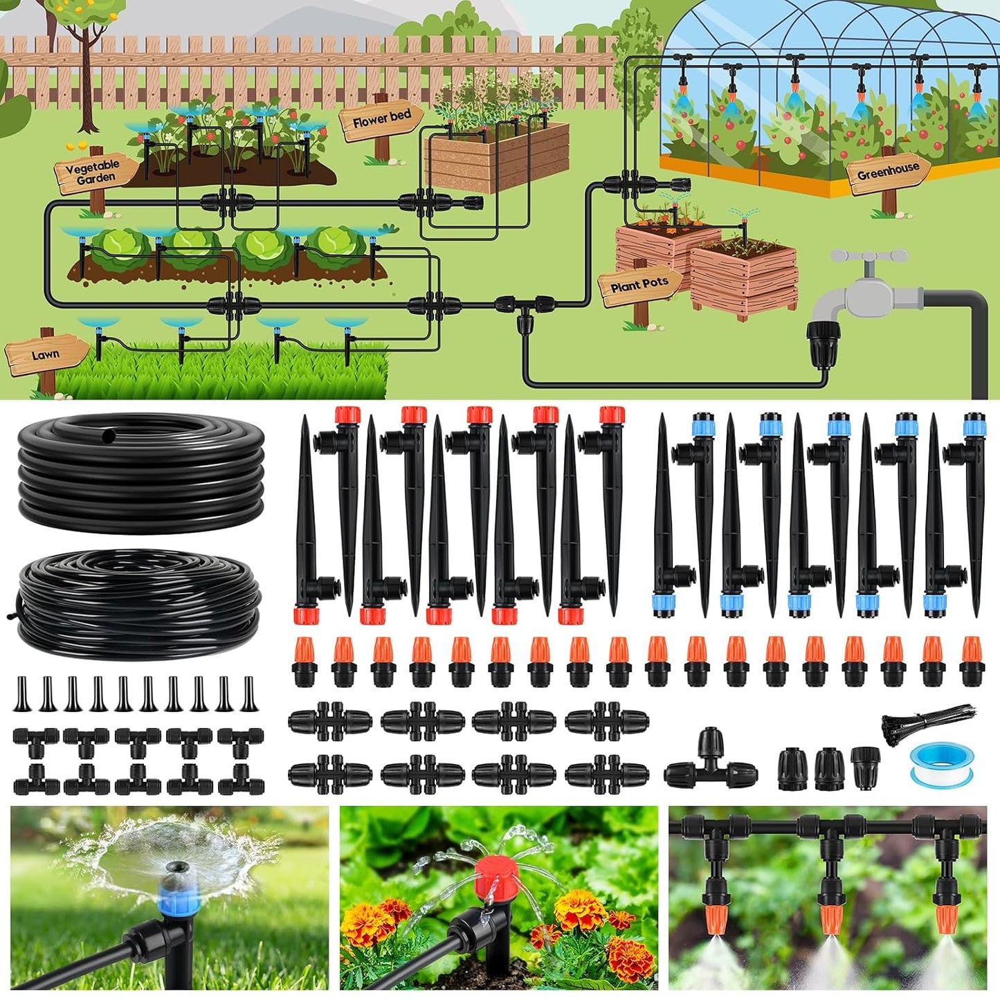 110FT Drip Irrigation System for Garden, Quick-Connect Automatic Garden Watering System with 1/2" & 1/4" Tubing and Accessories - Adjustable Sprinklers Kit for Greenhouse, Yard, Lawn, Raised Bed