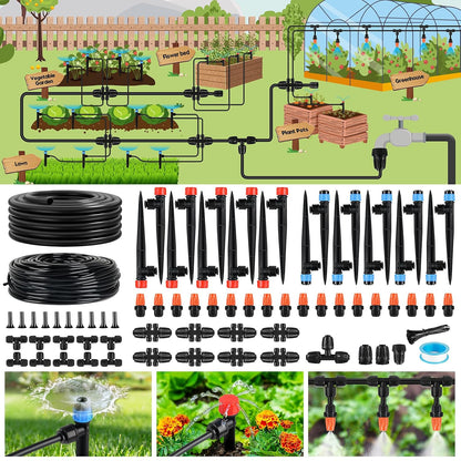 110FT Drip Irrigation System for Garden, Quick-Connect Automatic Garden Watering System with 1/2" & 1/4" Tubing and Accessories - Adjustable Sprinklers Kit for Greenhouse, Yard, Lawn, Raised Bed