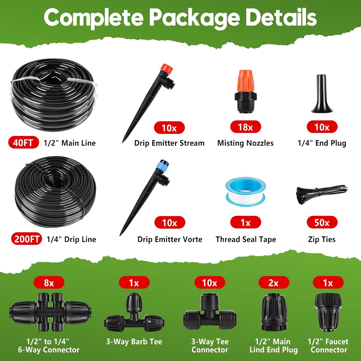 110FT Drip Irrigation System for Garden, Quick-Connect Automatic Garden Watering System with 1/2" & 1/4" Tubing and Accessories - Adjustable Sprinklers Kit for Greenhouse, Yard, Lawn, Raised Bed