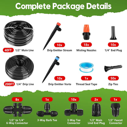110FT Drip Irrigation System for Garden, Quick-Connect Automatic Garden Watering System with 1/2" & 1/4" Tubing and Accessories - Adjustable Sprinklers Kit for Greenhouse, Yard, Lawn, Raised Bed
