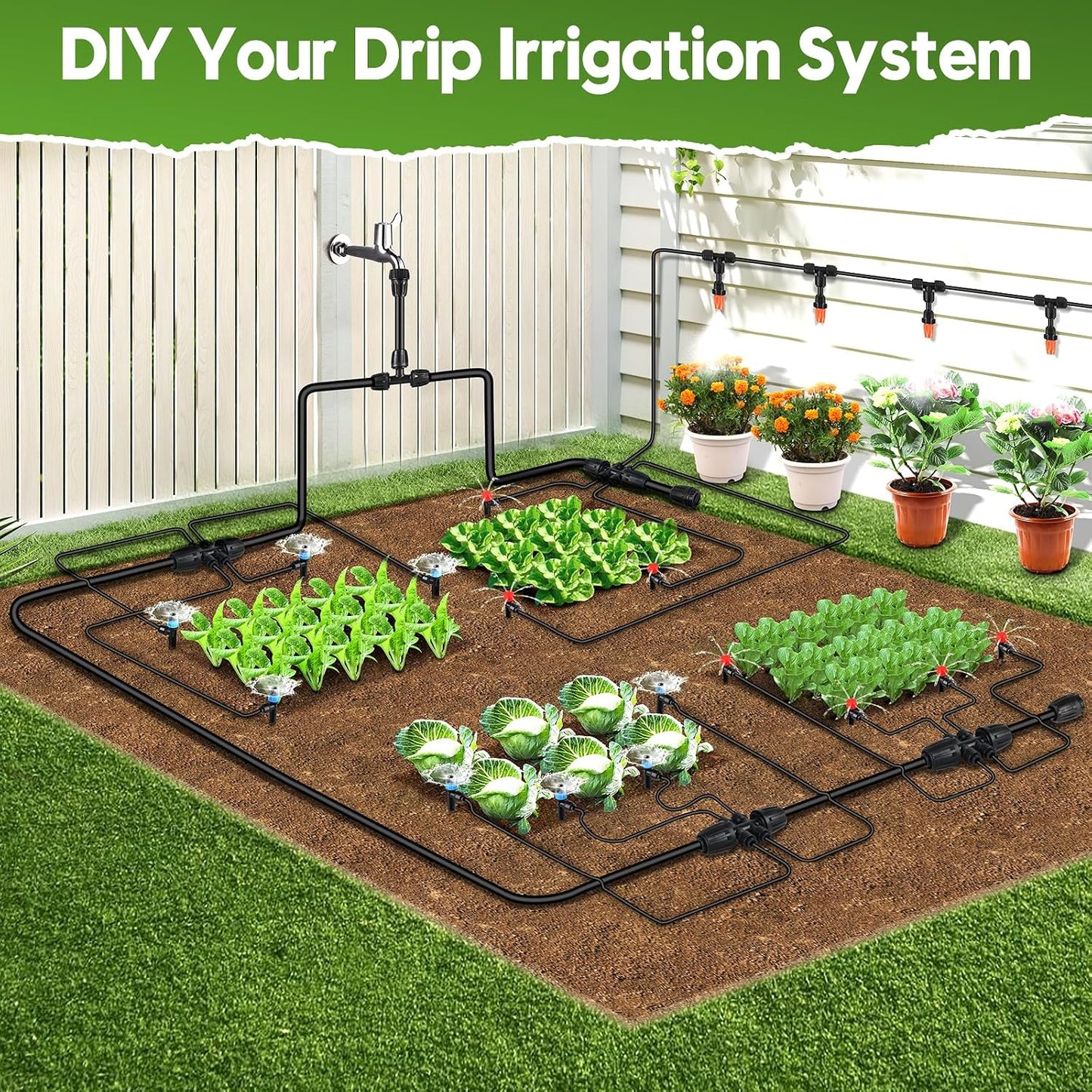 110FT Drip Irrigation System for Garden, Quick-Connect Automatic Garden Watering System with 1/2" & 1/4" Tubing and Accessories - Adjustable Sprinklers Kit for Greenhouse, Yard, Lawn, Raised Bed