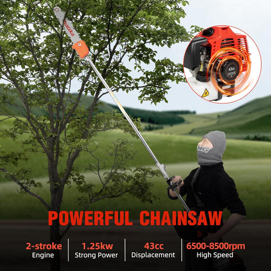 42.7cc 2 Stroke Gas Pole Saw, Gas Pole Saws for Tree Trimming, Tree Saw w/12'' Blade, Gas Powered Pole Saw, 105cm Long Reach Extension Pole, Pole Pruner for Yard, Garden