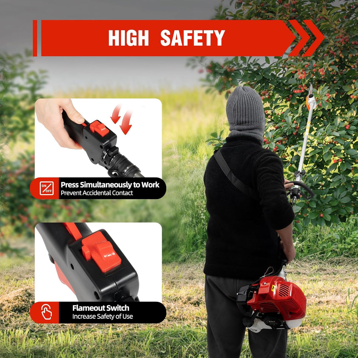 42.7cc 2 Stroke Gas Pole Saw, Gas Pole Saws for Tree Trimming, Tree Saw w/12'' Blade, Gas Powered Pole Saw, 105cm Long Reach Extension Pole, Pole Pruner for Yard, Garden