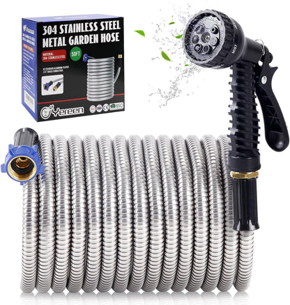 304 Stainless Steel Garden Hose, 100 ft Metal Garden Hose with 3/4" Connector Fittings and Sprayer, Heavy Duty Kink Free Flexible Outdoor Water Hose, Blue