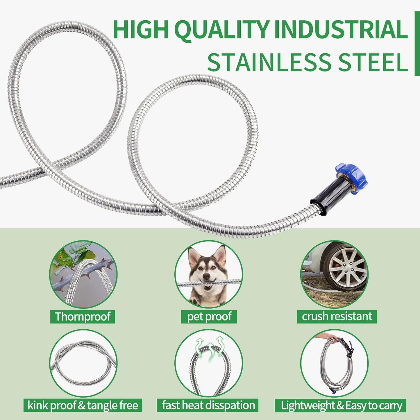 304 Stainless Steel Garden Hose, 100 ft Metal Garden Hose with 3/4" Connector Fittings and Sprayer, Heavy Duty Kink Free Flexible Outdoor Water Hose, Blue