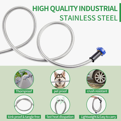 304 Stainless Steel Garden Hose, 100 ft Metal Garden Hose with 3/4" Connector Fittings and Sprayer, Heavy Duty Kink Free Flexible Outdoor Water Hose, Blue