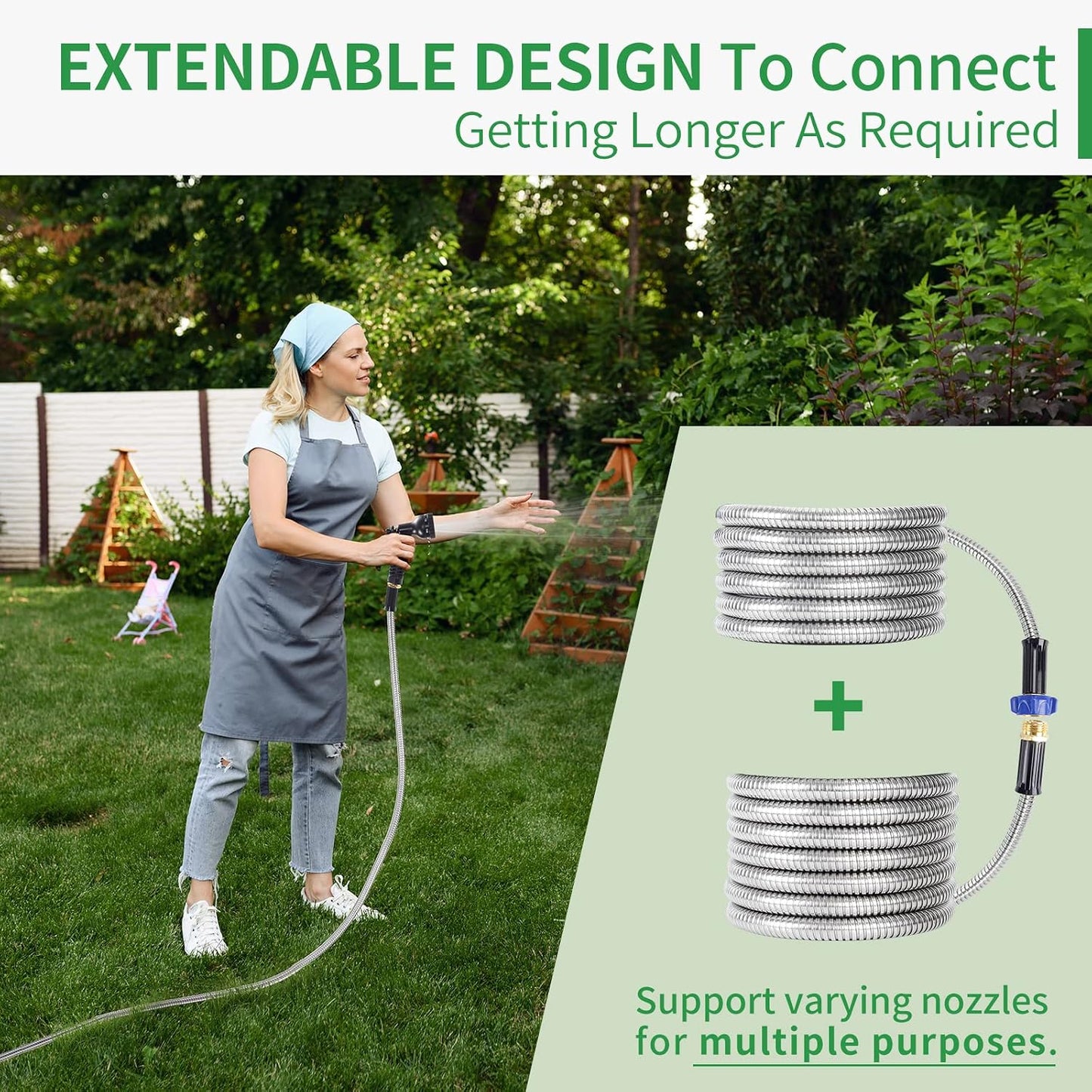 304 Stainless Steel Garden Hose, 100 ft Metal Garden Hose with 3/4" Connector Fittings and Sprayer, Heavy Duty Kink Free Flexible Outdoor Water Hose, Blue