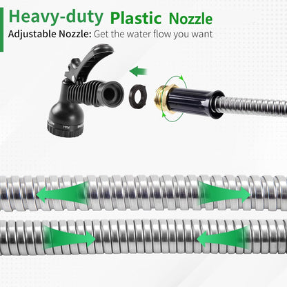 304 Stainless Steel Garden Hose, 100 ft Metal Garden Hose with 3/4" Connector Fittings and Sprayer, Heavy Duty Kink Free Flexible Outdoor Water Hose, Blue