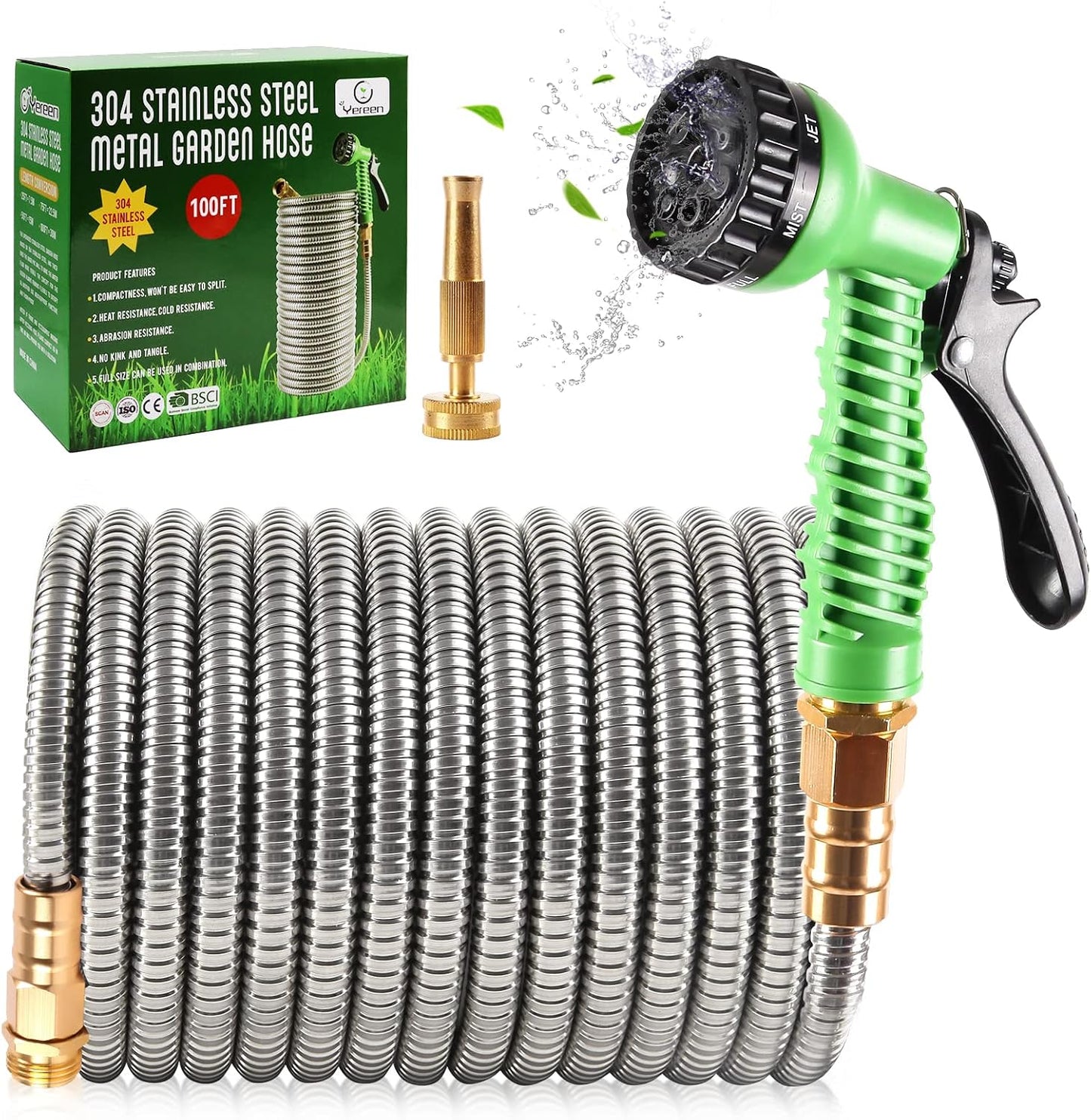 304 Stainless Steel Garden Hose, 100 ft Metal Garden Hose with 3/4" Connector Fittings and Sprayer, Heavy Duty Kink Free Flexible Outdoor Water Hose, Blue