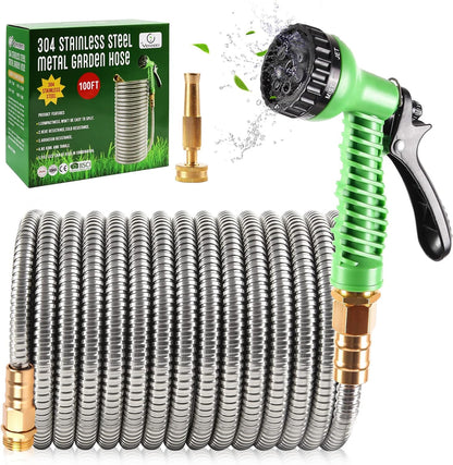 304 Stainless Steel Garden Hose, 100 ft Metal Garden Hose with 3/4" Connector Fittings and Sprayer, Heavy Duty Kink Free Flexible Outdoor Water Hose, Blue