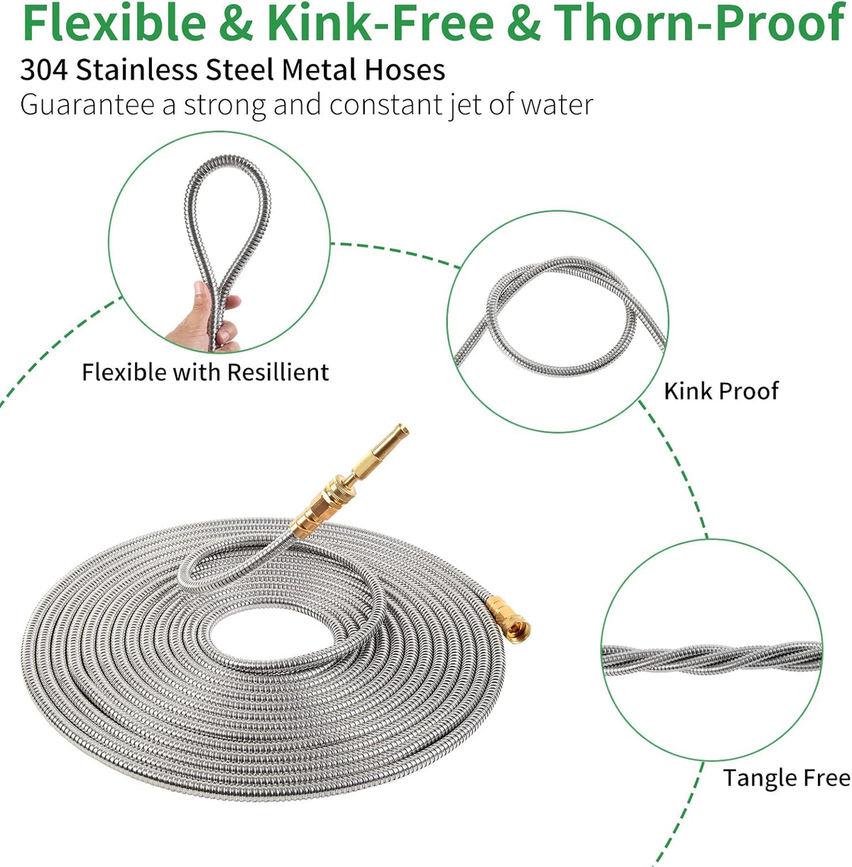 304 Stainless Steel Garden Hose, 100 ft Metal Garden Hose with 3/4" Connector Fittings and Sprayer, Heavy Duty Kink Free Flexible Outdoor Water Hose, Blue
