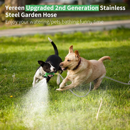 304 Stainless Steel Garden Hose, 100 ft Metal Garden Hose with 3/4" Connector Fittings and Sprayer, Heavy Duty Kink Free Flexible Outdoor Water Hose, Blue