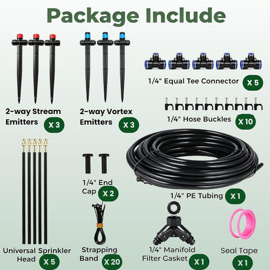 50FT Drip Irrigation System for Starter: Small Garden Quick Connect 1/4" PE Water Tubing Automatic 11Pcs Sprinkler Kit Adjustable Misting Part Watering Hose Outdoor Raised Bed Plants Flower Greenhouse