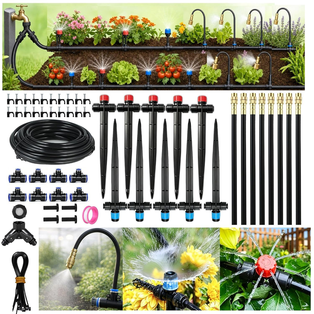 50FT Drip Irrigation System for Starter: Small Garden Quick Connect 1/4" PE Water Tubing Automatic 11Pcs Sprinkler Kit Adjustable Misting Part Watering Hose Outdoor Raised Bed Plants Flower Greenhouse
