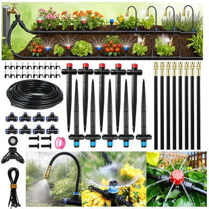 50FT Drip Irrigation System for Starter: Small Garden Quick Connect 1/4" PE Water Tubing Automatic 11Pcs Sprinkler Kit Adjustable Misting Part Watering Hose Outdoor Raised Bed Plants Flower Greenhouse