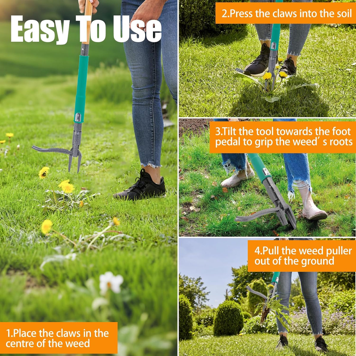 Stand Up Weed Puller Tool with Dual Weed Eject Tech, 4 Claw Steel Head Garden Tools 57.1" Long Handle Weeder, Heavy Duty No Bend Weed Remover for Dandelions, Thistles, Lawn and Yard