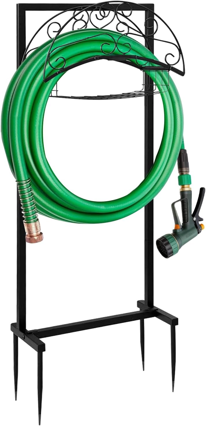 Freestanding Garden Hose Holder with Storage Basket, Black