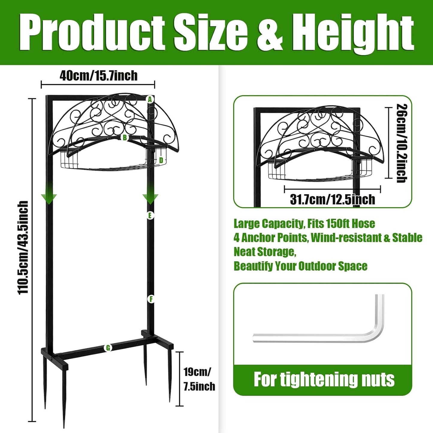 Freestanding Garden Hose Holder with Storage Basket, Black