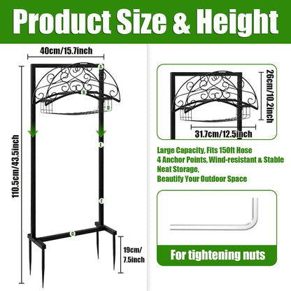 Freestanding Garden Hose Holder with Storage Basket, Black