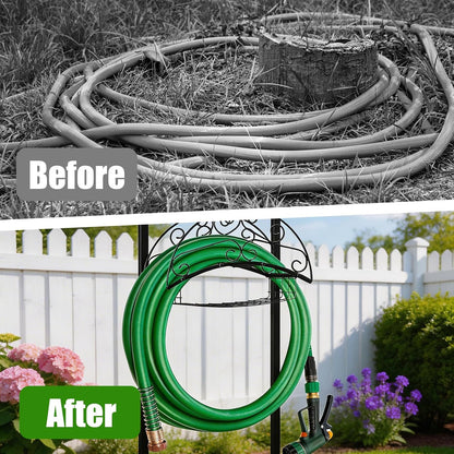 Freestanding Garden Hose Holder with Storage Basket, Black