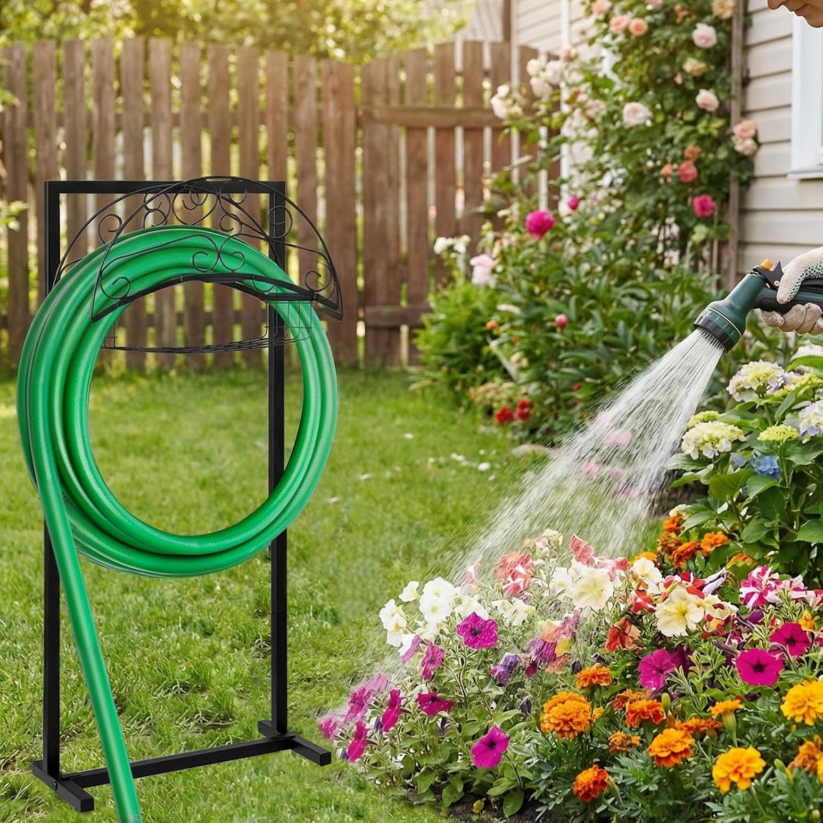 Freestanding Garden Hose Holder with Storage Basket, Black