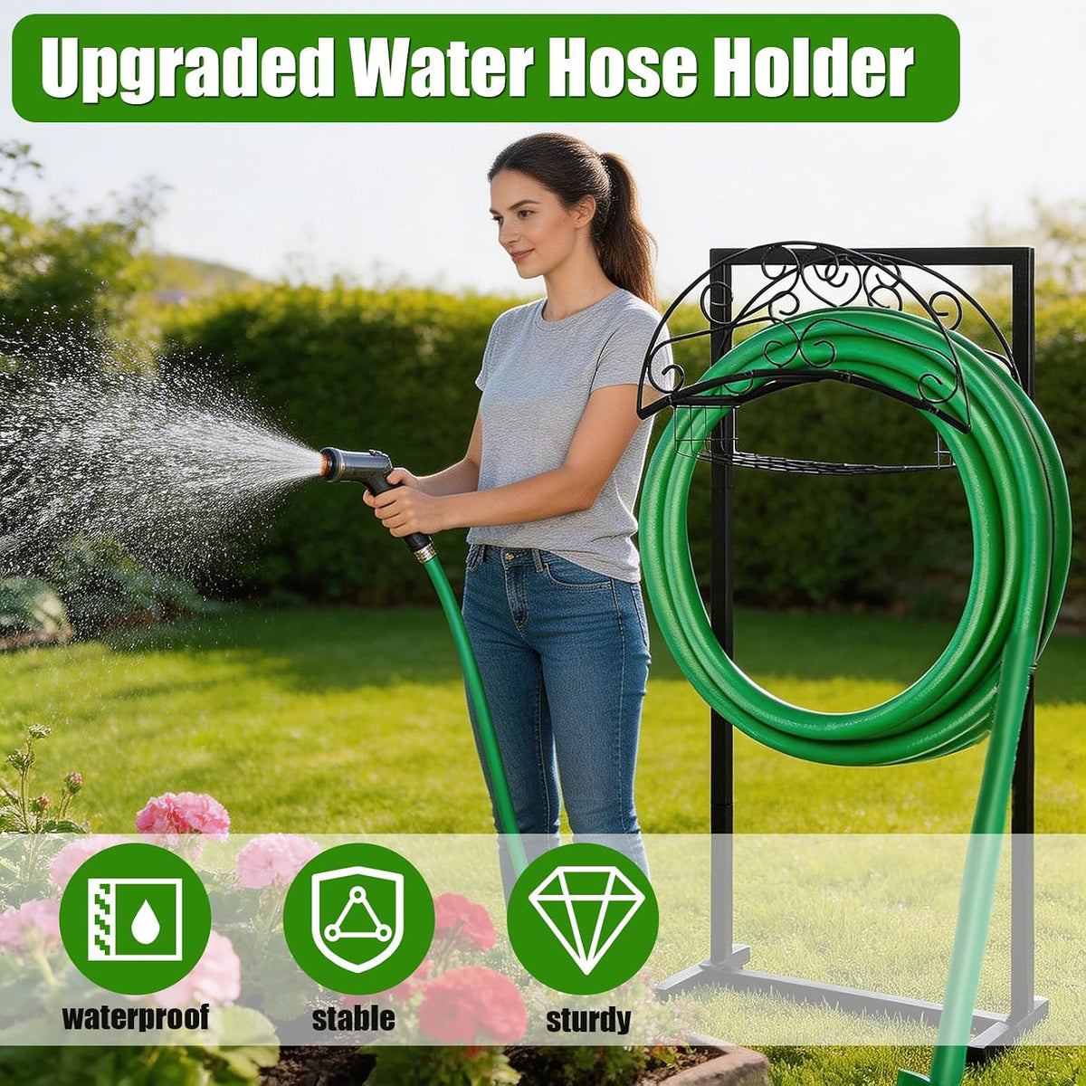 Freestanding Garden Hose Holder with Storage Basket, Black