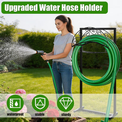 Freestanding Garden Hose Holder with Storage Basket, Black
