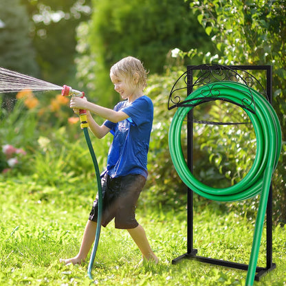 Freestanding Garden Hose Holder with Storage Basket, Black